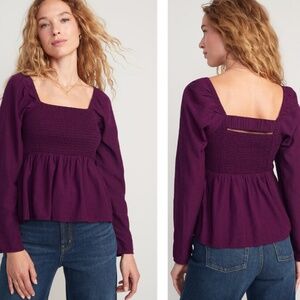 Old Navy Women's Seersucker Smocked Babydoll Blouse Wine Purple Long Sleeve XL